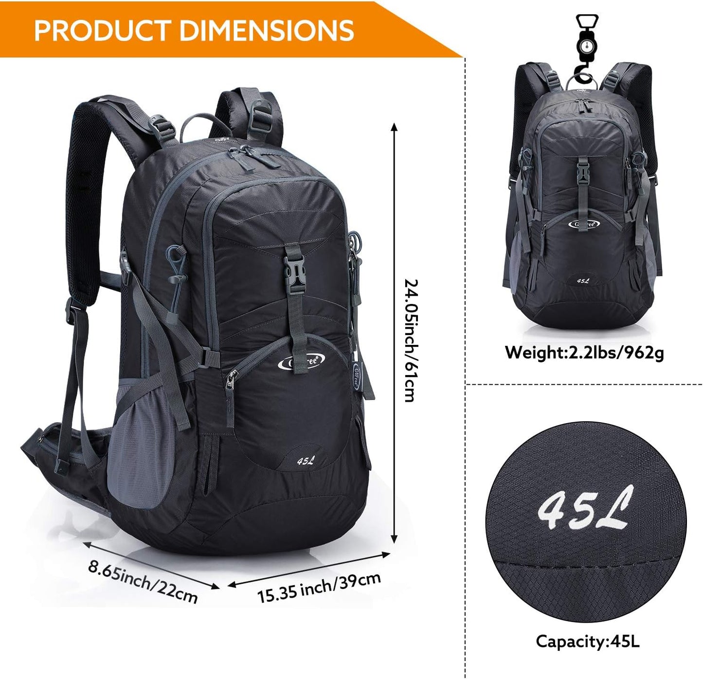 G4Free 45L Hiking Travel Backpack Waterproof with Rain Cover, Outdoor Camping Daypack for Men Women