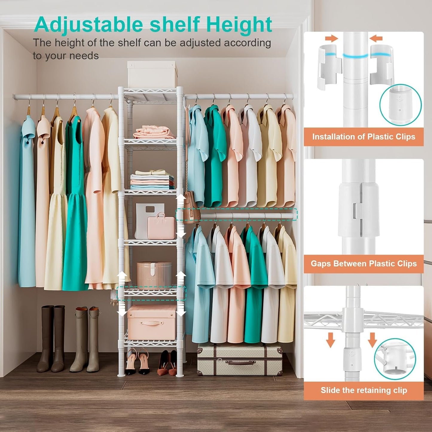 Untyo Clothing Rack with 3 Expandable Hanging Rods - Versatile Closet Organizers and Storage Solution, Adjustable Width 27.9-47.6 Inches,Ideal for Home Organization 71.2" High x 13.7" Deep (White)