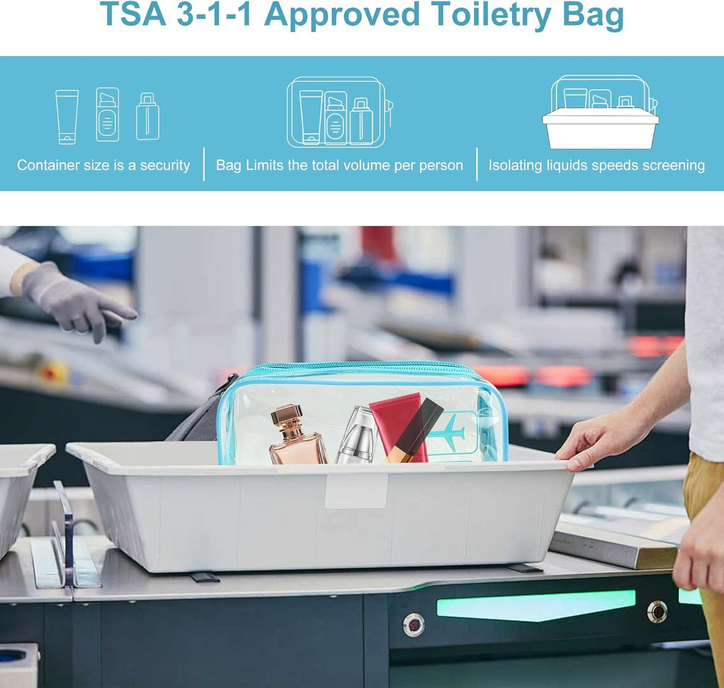 TECDW Clear Travel Toiletry Bag, 2PCS TSA Approved Airport Security Liquids Bags19.5x6cm, 1L Leakproof Clear Makeup Bags, Transparent Travel Wash Bag Holiday Essentials Luggage for Men Women (blue)