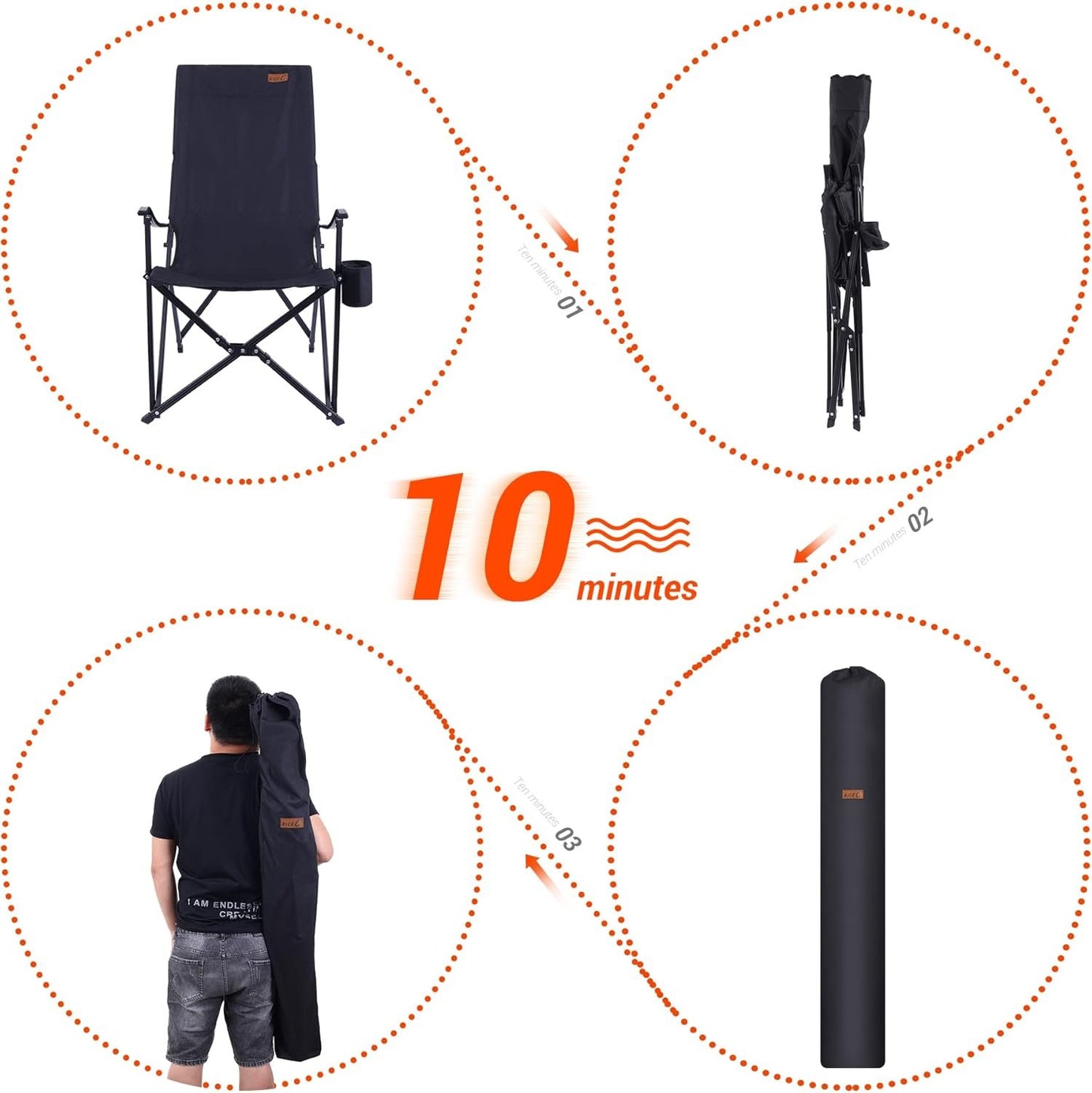 Nice C Lawn Chairs, Outdoor Chair, Camping Chair, Chaise de Camping, Patio Chair, Folding Chair, High Back Camping Chair, High Back Lawn Chair, Compact Chair with Cup Holder & Carry Bag (1-P Black)