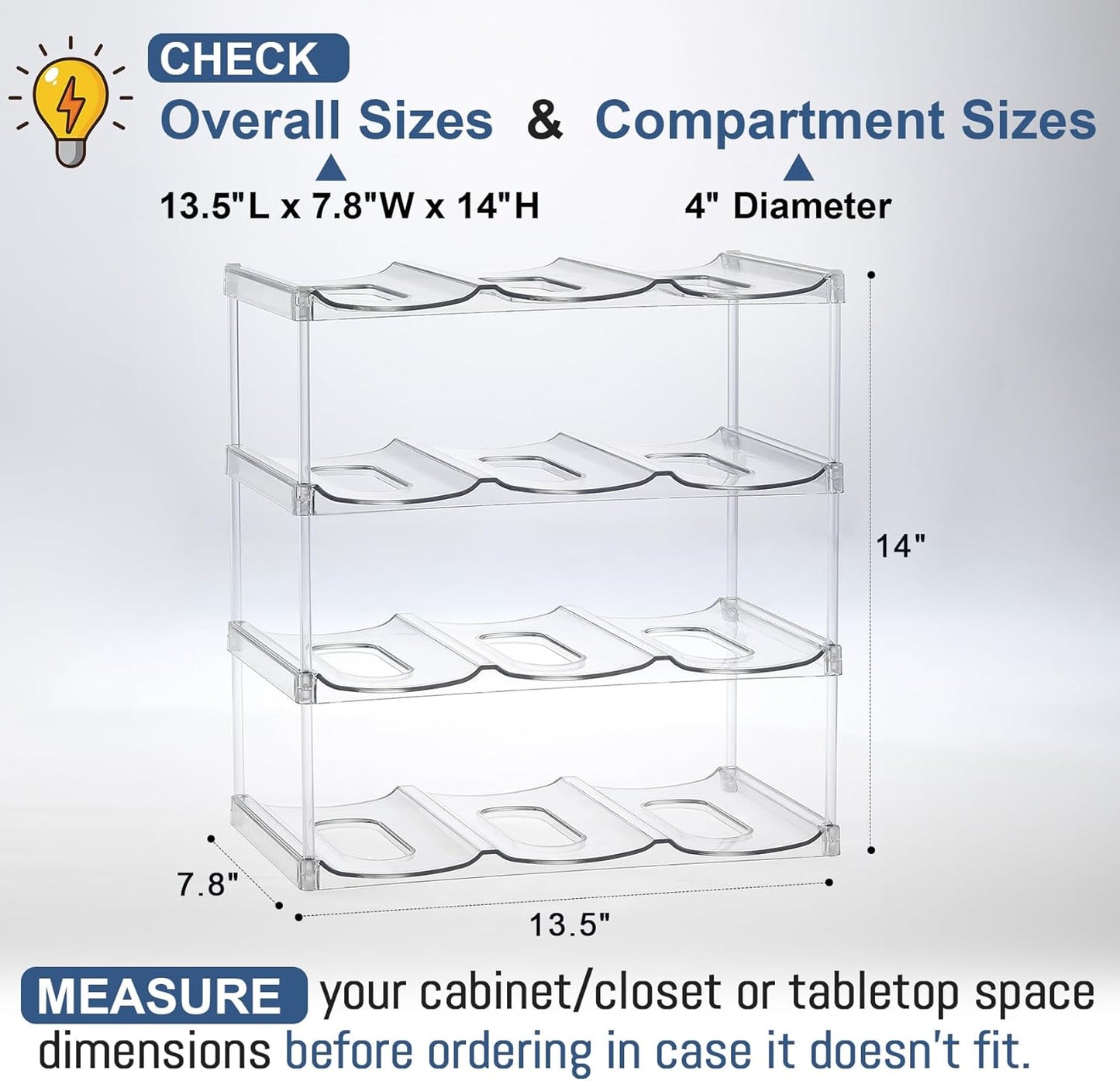 LARGER Compartment - Stackable Water Bottle Organizer Holder - for Stanley & Others' Large Tumbler - Clear Wine Rack, Cup Bottle Holder for Cabinet Home Countertop Fridge Pantry Shelf, 4 Tier Hold 12