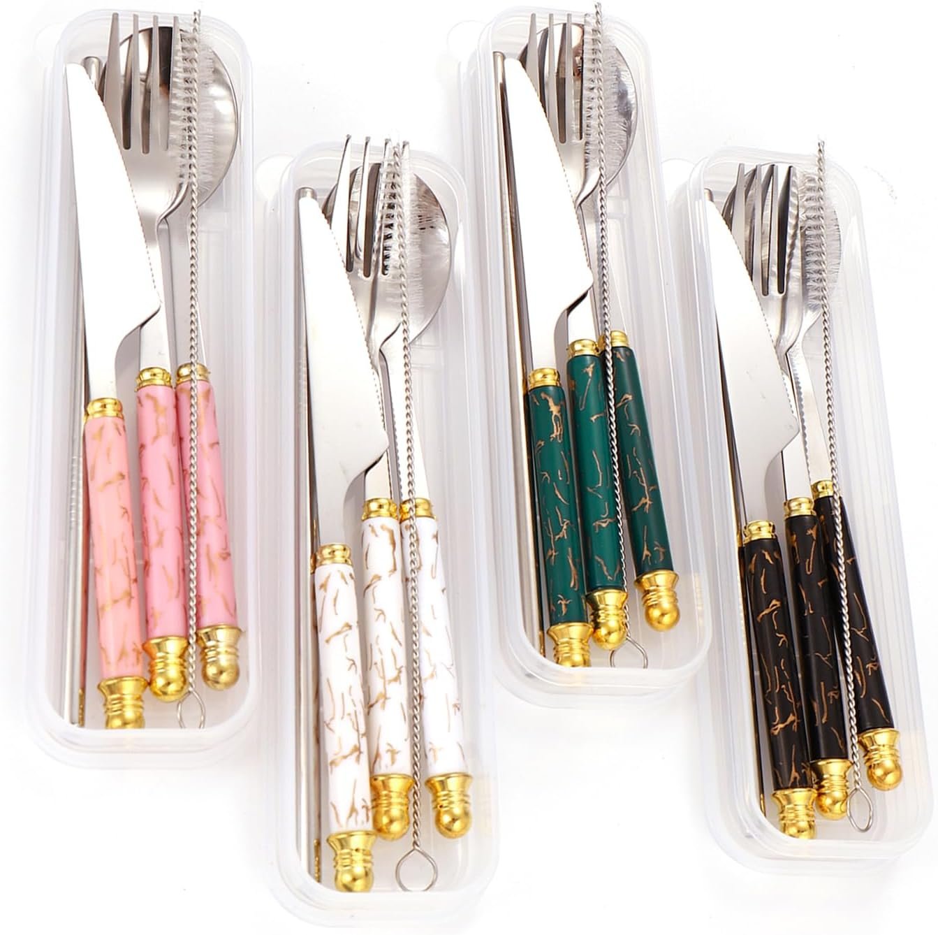 Facune 4 Colors Portable Stainless Steel Flatware Sets, Reusable Travel Cutlery with Case, Utensil Set Include Knife Fork Spoon Straw Brush for Lunch Box