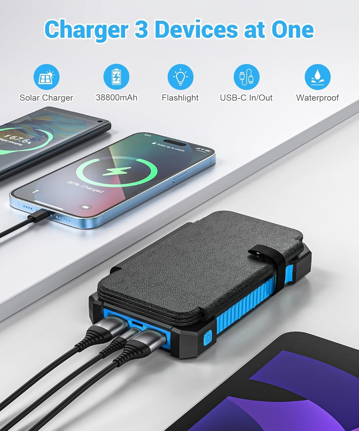 Solar Power Bank 38800mAh with 4 Solar Panels, Power Bank USB-C 18W Fast Charge for Compatible Phones, IP67 Waterproof Outdoor External Batteries with Flashlight Light/SOS/Strobe