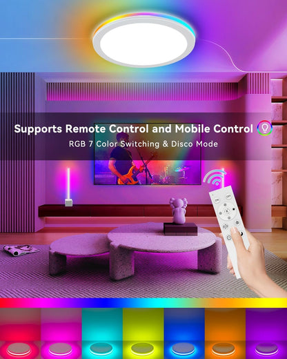 Aphyni RGB LED Ceiling Light Fixture with Remote, 3600LM Flush Mount Light Fixture, DIY Colors, Disco Mode, 3000K-6500K Dimmable Ceiling Lights for Bedroom, Living Room, Smart App, 15.8 Inch 36W White