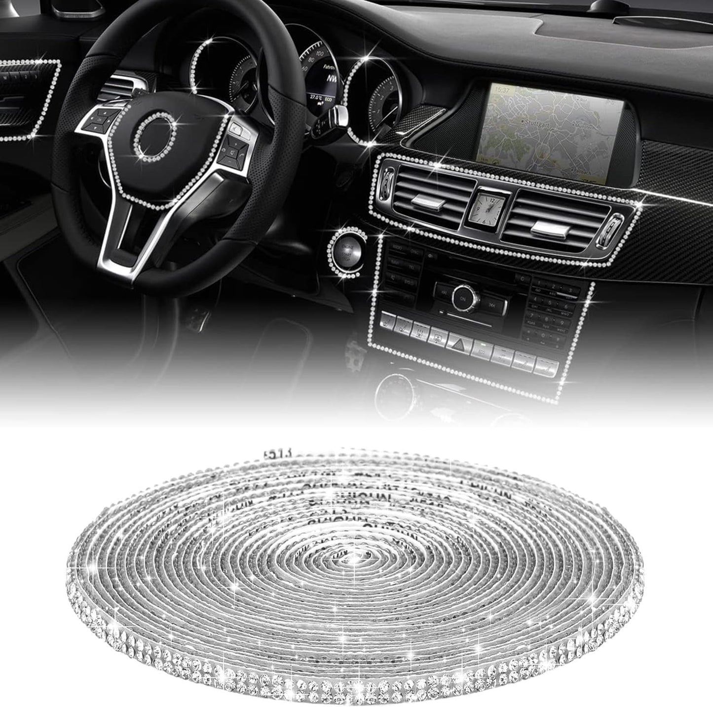 SAHENITEANA 16.4Ft Bling Car Trim Self Adhesive, DIY Rhinestone Interior Accessories Set for Women, Dashboard Decoration Strips Line Molding (Silver)