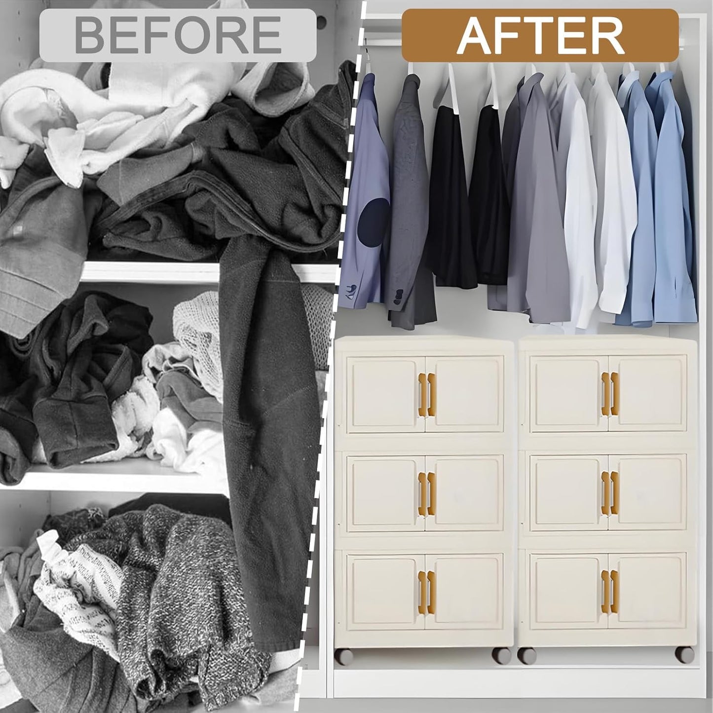 3 Tier Stackable Storage Bins with Lids, Storage Box-Closet Organizers with Wheels Heavy-Duty Collapsible Containers with Doors for Home Organization, Bedroom, Office, Dorm