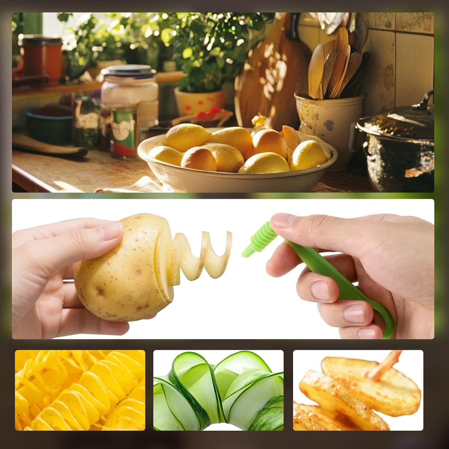 3pcs Manual Spiral Screw Slicer Peeler, Plastic Portable Vegetable Spiral Knives Blade Cutter Hand Tool Kitchen Accessories Gadget for Creative Pattern of Cucumber Potato Carrot Fruit (Green)