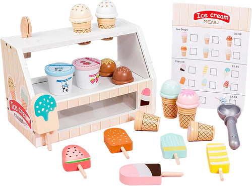 BEACENOV Wooden Pretend Play Ice Cream Counter for Kids, Toddler Wooden Toys, 45 Pcs Play Food Set, Scoop and Serve Ice Cream Station Playset
