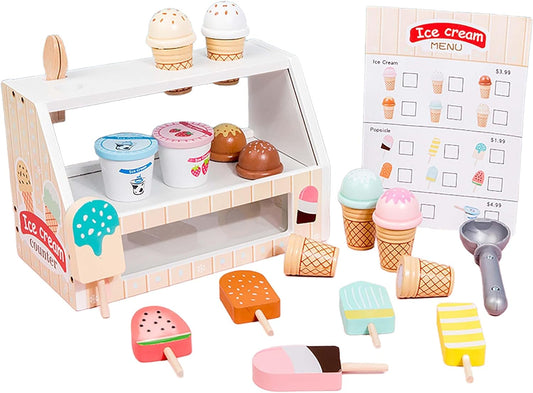 BEACENOV Wooden Pretend Play Ice Cream Counter for Kids, Toddler Wooden Toys, 45 Pcs Play Food Set, Scoop and Serve Ice Cream Station Playset