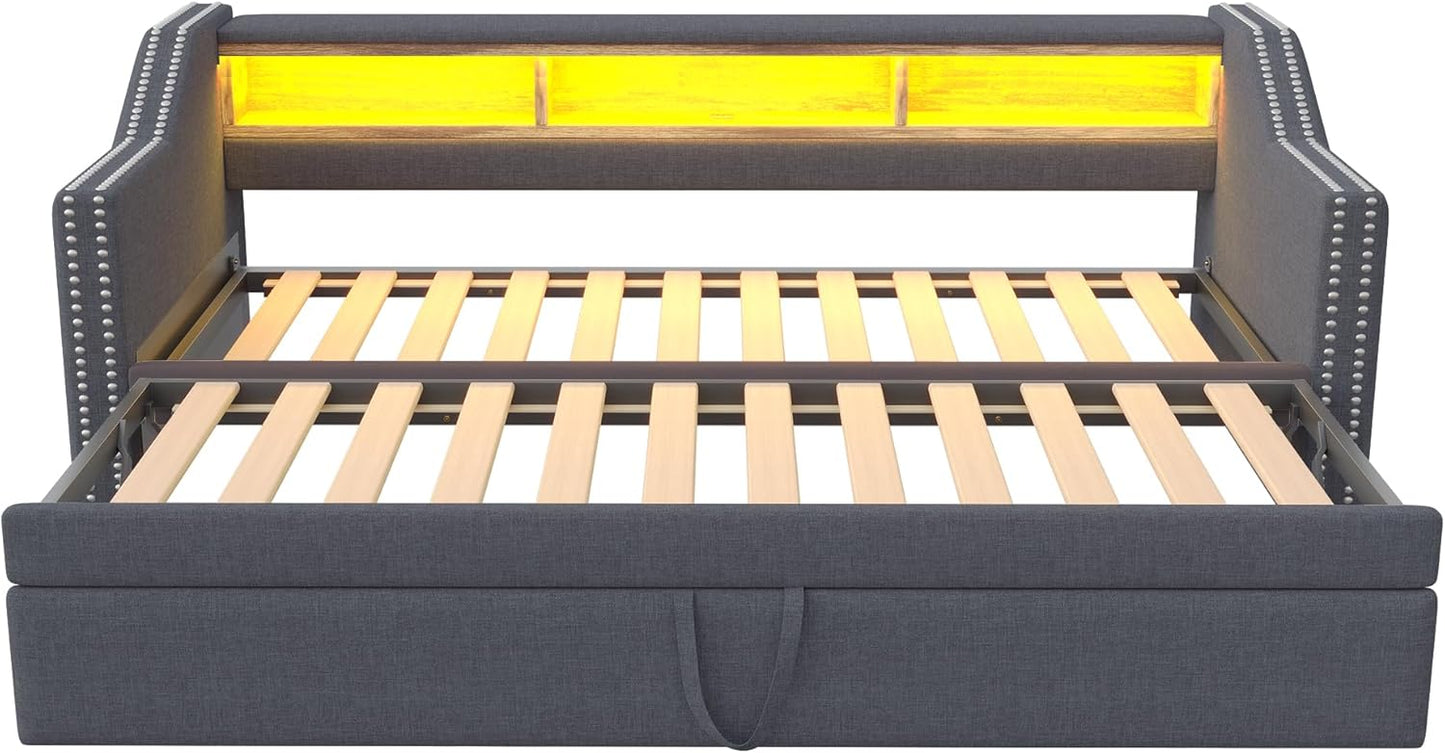 Lubvtti Trundle Sofa Bed 90/180 x 190 cm with Multi-Function Storage Box with LED Lighting and USB Socket, Dark Grey (Mattress Not Included)