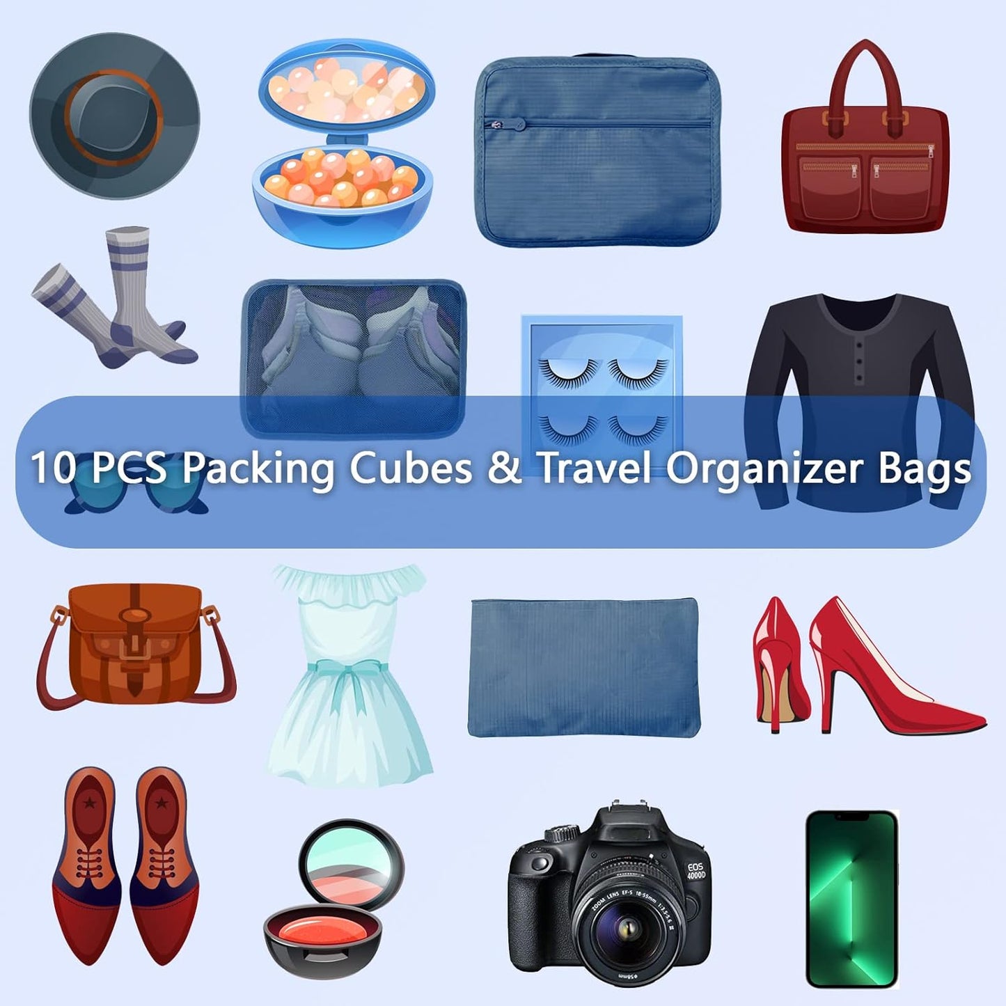 Sciphylia Luggage Organizer Suitcase Organizer Set of 10 Waterproof Travel Organizer Bags Travel Packing Cubes Useful Accessories for Cosmetic Clothes Shoes Underwear Navy Blue