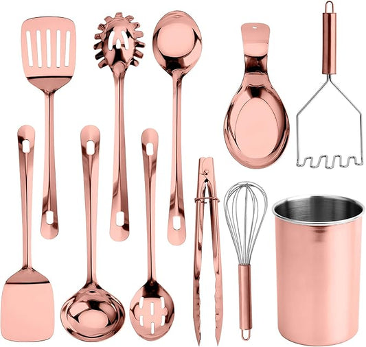 COOK WITH COLOR Kitchen Utensil Set - 10-piece premium Nonstick & Heat Resistant Kitchen Gadgets, Turner, Spaghetti Server, Serving Spoons, Whisk, Tongs, Masher & Utensil Holder, Rose Gold