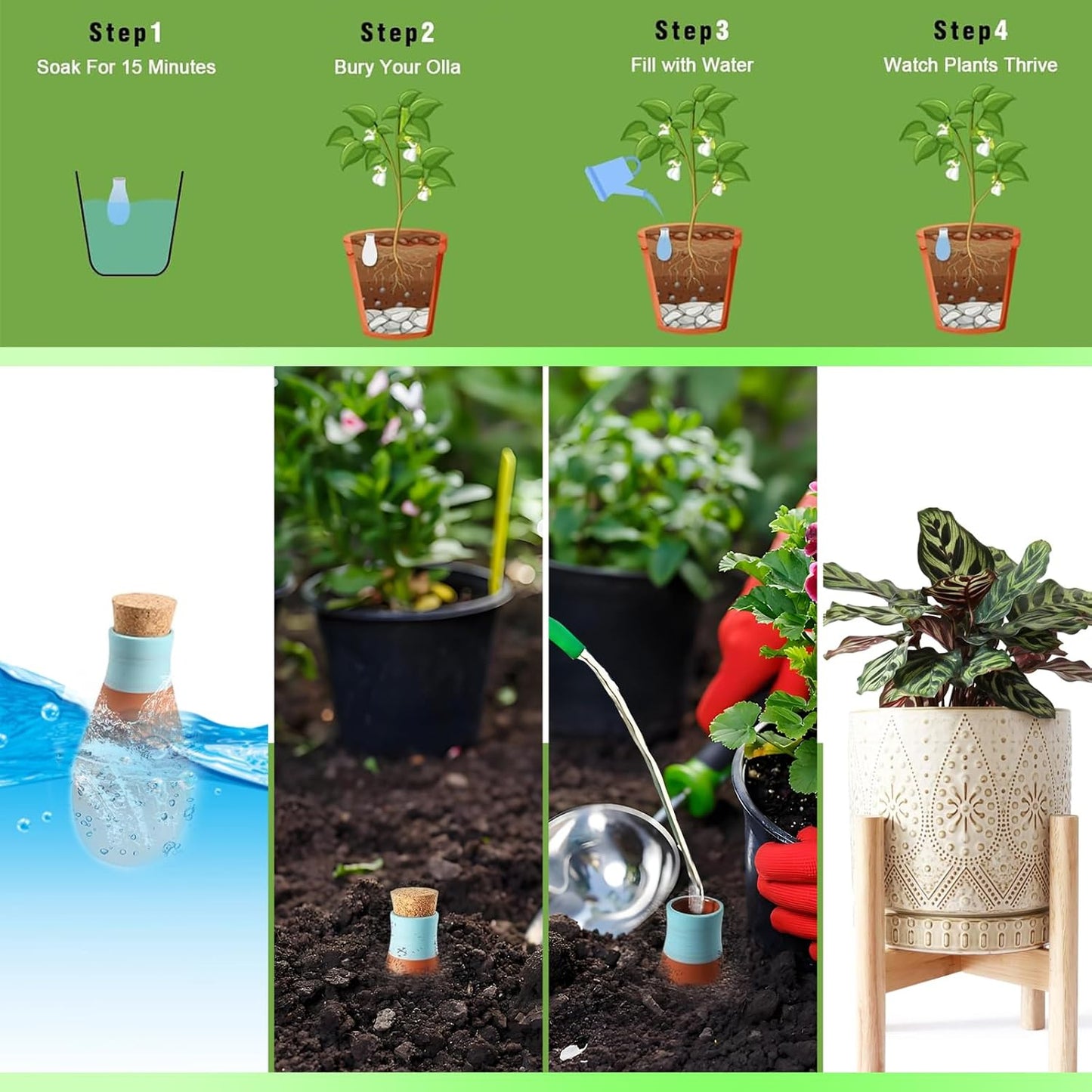 Plant Watering Globes, 4 Pack Terracotta Pots Self Watering Pots, Slow Release Olla Watering Pots While Away - Self Watering Spikes for Indoor & Outdoor Plants with Easy Top Refill System