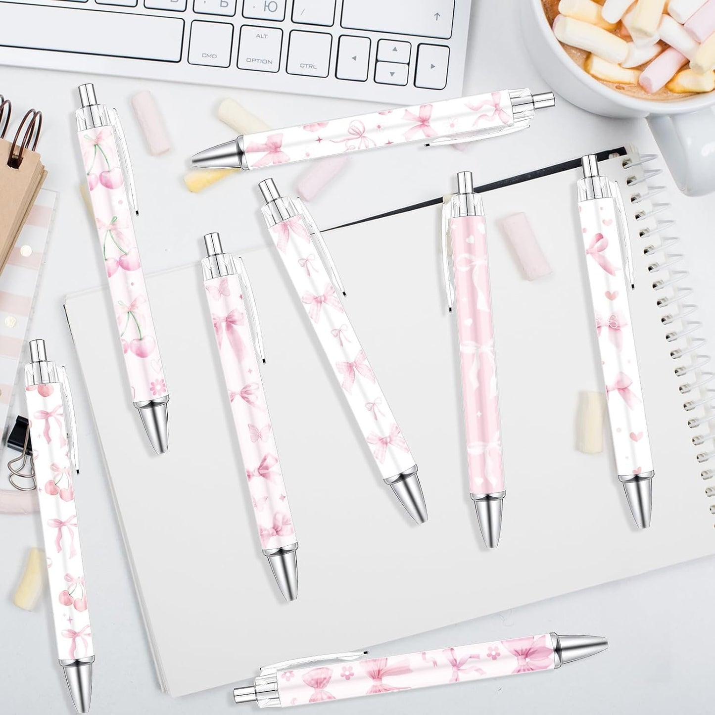 Wxiben Coquete Bows Ballpoint Pens - 24PCS Pink Ribbon Bows Pens Set Cute Cherries Smooth Writing Pens Retractable Pink Conquette Bow Pen for Office Stationery School Supplies for Women Teacher Gifts