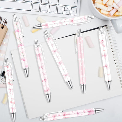 Wxiben Coquete Bows Ballpoint Pens - 24PCS Pink Ribbon Bows Pens Set Cute Cherries Smooth Writing Pens Retractable Pink Conquette Bow Pen for Office Stationery School Supplies for Women Teacher Gifts
