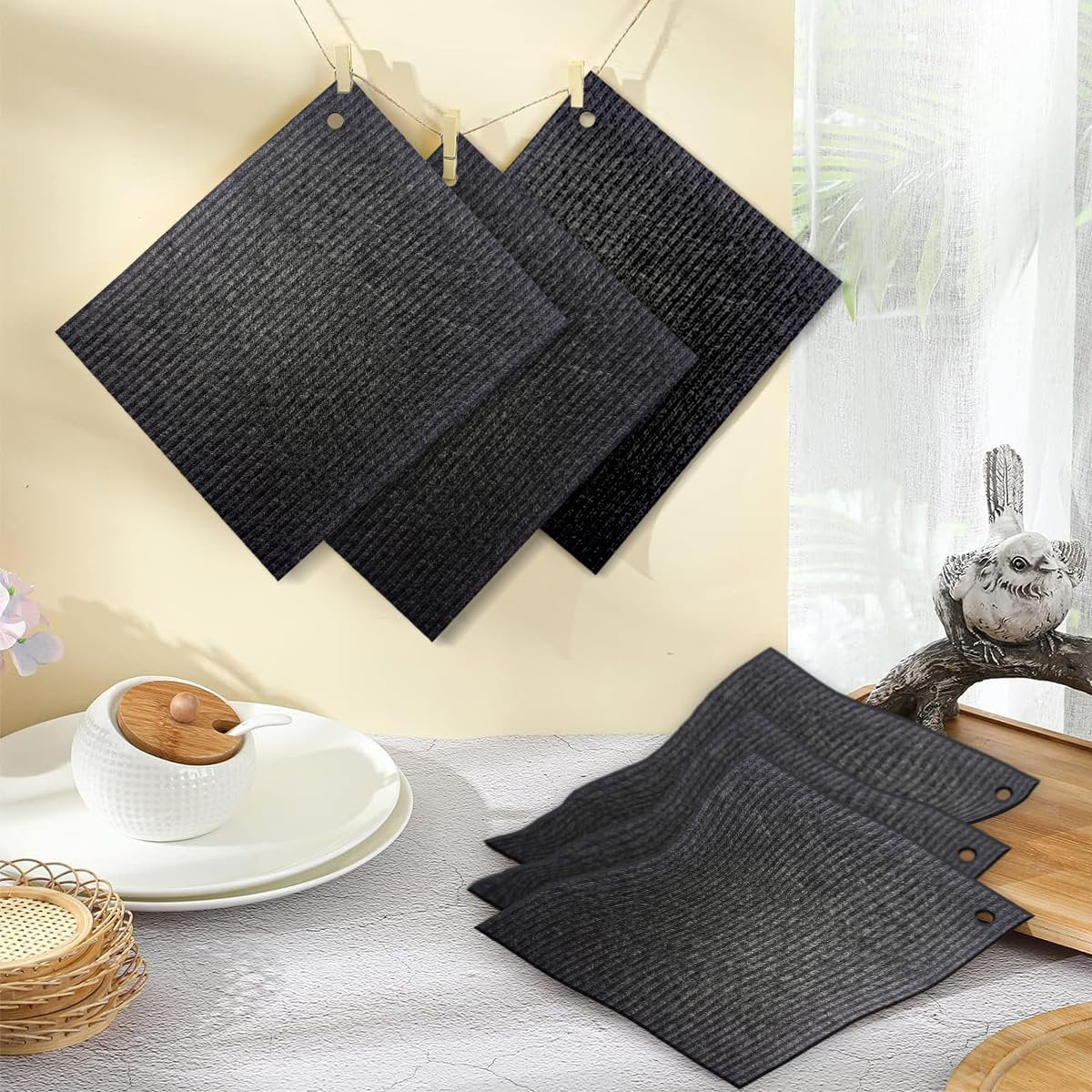 6 - Pack Swedish Kitchen Dish Cloths - Reusable Paper Towels for Counters & Dishes - Eco Friendly Cellulose Sponge Cloth - Assorted (Black)