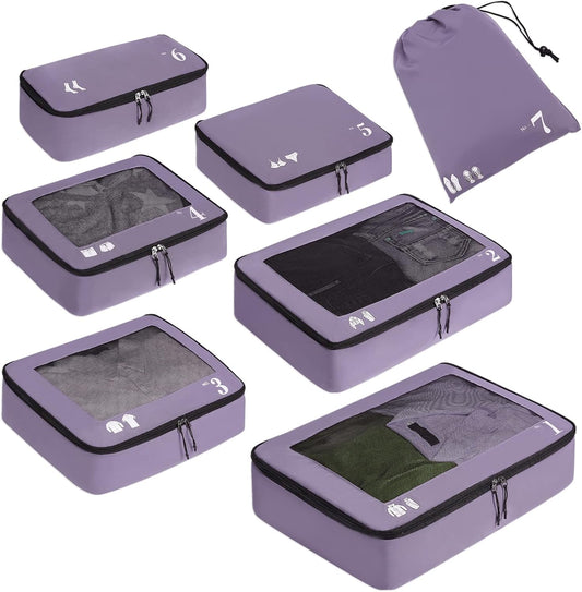 ECOHUB Organizer Suitcases 7 Pieces Packing Cubes Kit Travel Kit Environmentally Friendly PET Travel Accessories Organizer Space-Saving Travel Shoe Holder Organizer Backpack (Purple)