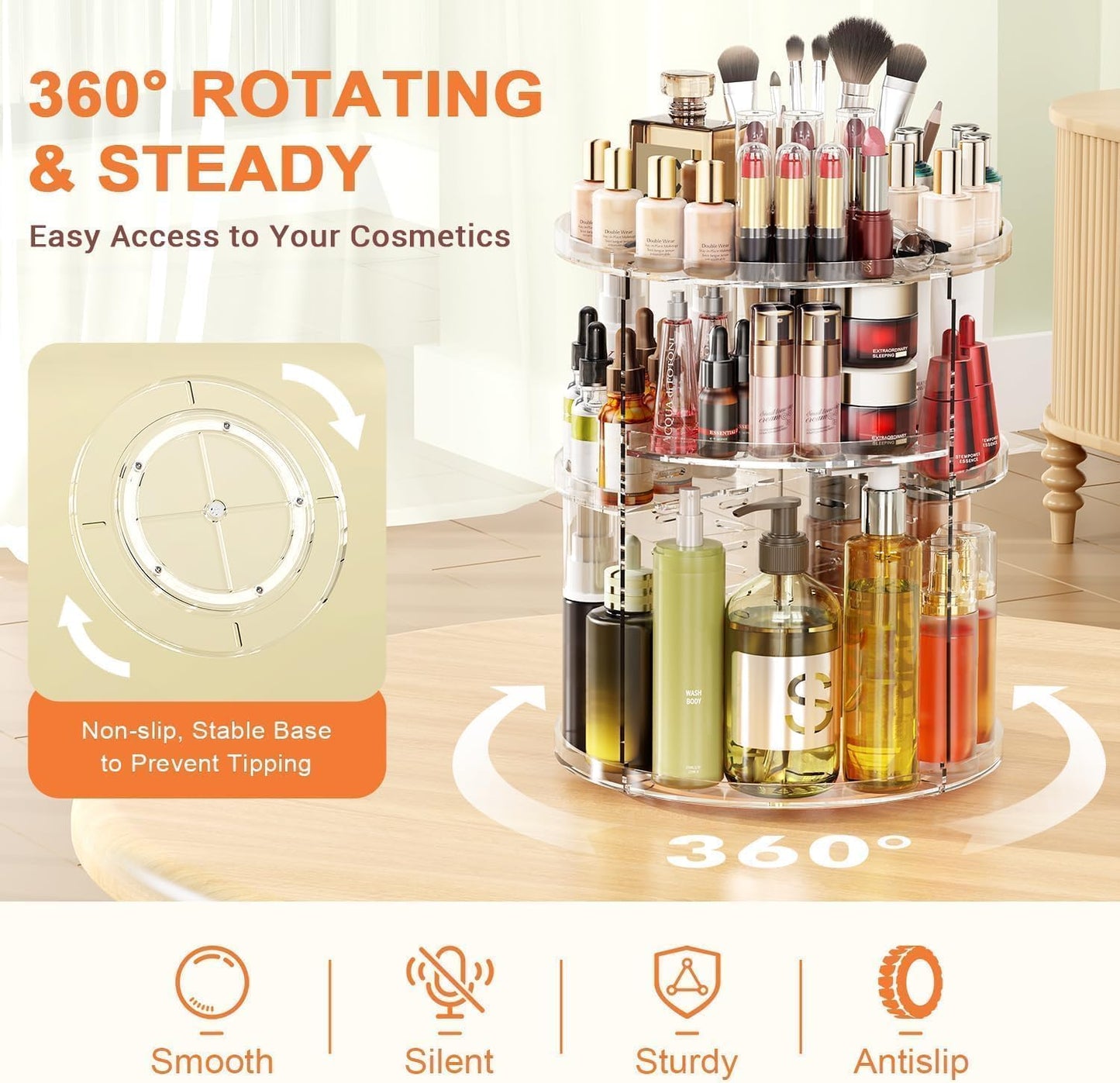 Auxmir 360° Rotating Makeup Holder, Multifunctional Makeup Organizer, Cosmetic Organizer 9 Adjustable Shelves, Large Capacity, Suitable for Cream Perfume Makeup Brushes (Transparent)