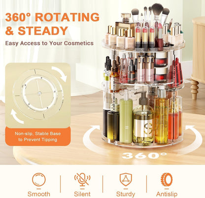 Auxmir 360° Rotating Makeup Holder, Multifunctional Makeup Organizer, Cosmetic Organizer 9 Adjustable Shelves, Large Capacity, Suitable for Cream Perfume Makeup Brushes (Transparent)