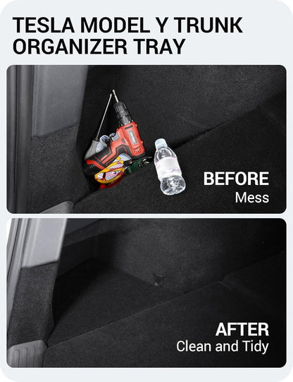 BASENOR 2022-2025 Tesla Model Y Trunk Organizer Waterproof Rear Trunk Storage Bins Side Box with Carpeted Lip Interior Accessories Set of 2 for Model Y 5-Seater