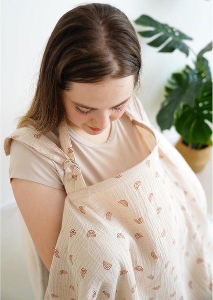 MairMore Muslin Nursing Covers for Breastfeeding, Privacy Breast Feeding Cover with Arch Neckline for Mom and Baby, Breathable 100% Cotton Nursing Apron Multi-use Stroller Cover