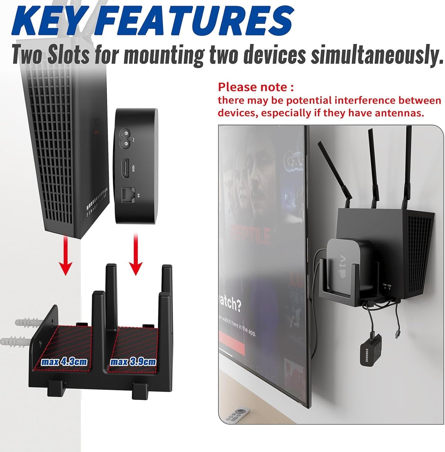 sciuU Wall Mount for Router, TV Box, Modem, Network Switch – Shelf for 2 Devices with Thickness < 3.8 cm / 4.3 cm – Compatible with Apple TV, Xiaomi Mi Box, Roku, TP-Link, ASUS, Sky Q Mini