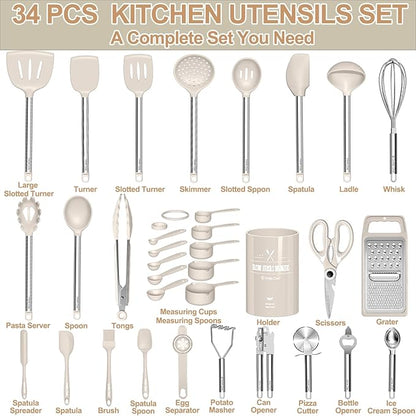 Kitchen Utensils Set-Umite Chef 34 Pcs Silicone Cooking Utensils Set for Nonstick Cookware-Silicone Spatulas Set, Stainless Steel Handle-Khaki Kitchen Gadgets Tools, Pots and Pans Accessories