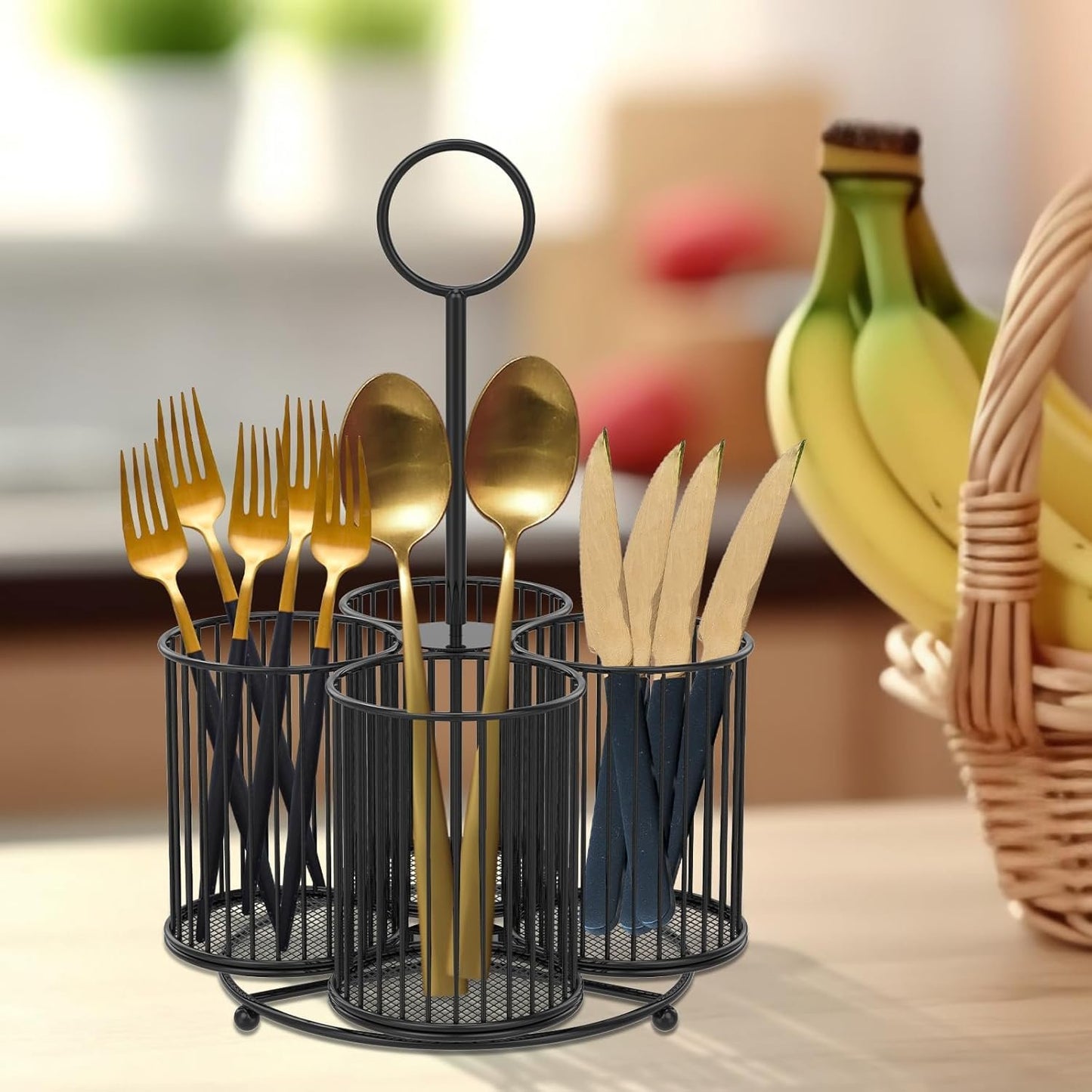 Abizarch 360° Rotating Metal Cutlery Holder - 4 Compartment Silverware Utensil Caddy Rotation Fork Spoon Napkin Organizer Flatware Storage Basket Party Countertop Buffet Picnic Camping Outdoor