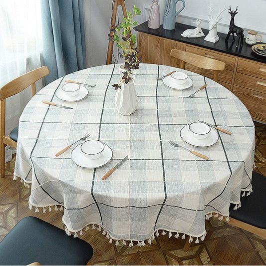 Fhberni Round Tassel Plaid Tablecloth, Heavy Weight Cotton Linen Fabric Table Cover for Kitchen Dining Tabletop Decoration, Off White & Grey, 60" Round