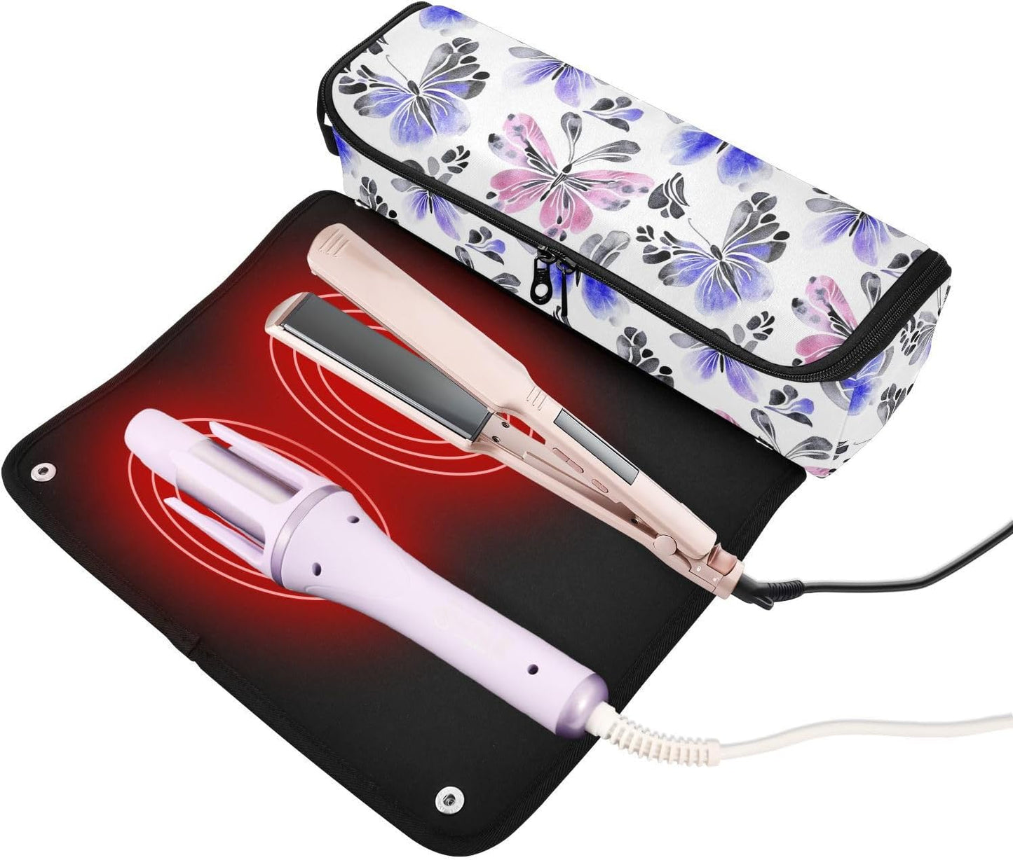 Borsa da viaggio per strumenti per capelli con tappetino resistente al calore, organizer per strumenti per capelli, accessori per la cura dei capelli, farfalle misteriose viola, elementi essenziali da