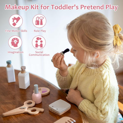 Smartwo 22 Pcs Wooden Makeup Toy Set ,Montessori Inspired Ultimate Beauty and Hair Salon Kit for Kids Pretend Play ,Kids Makeup Kit for Girl Toys for Toddler Girls Aging 2 3 4 Years Old