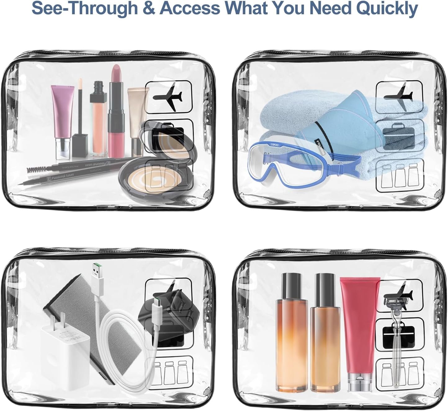 TECDW Clear Travel Toiletry Bag, 2PCS TSA Approved Airport Security Liquids Bags19.5x6cm, 1L Leakproof Clear Makeup Bags, Transparent Travel Wash Bag Holiday Essentials Luggage for Men Women (Black)