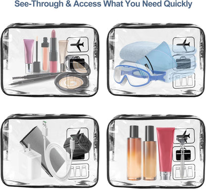 TECDW Clear Travel Toiletry Bag, 2PCS TSA Approved Airport Security Liquids Bags19.5x6cm, 1L Leakproof Clear Makeup Bags, Transparent Travel Wash Bag Holiday Essentials Luggage for Men Women (Black)