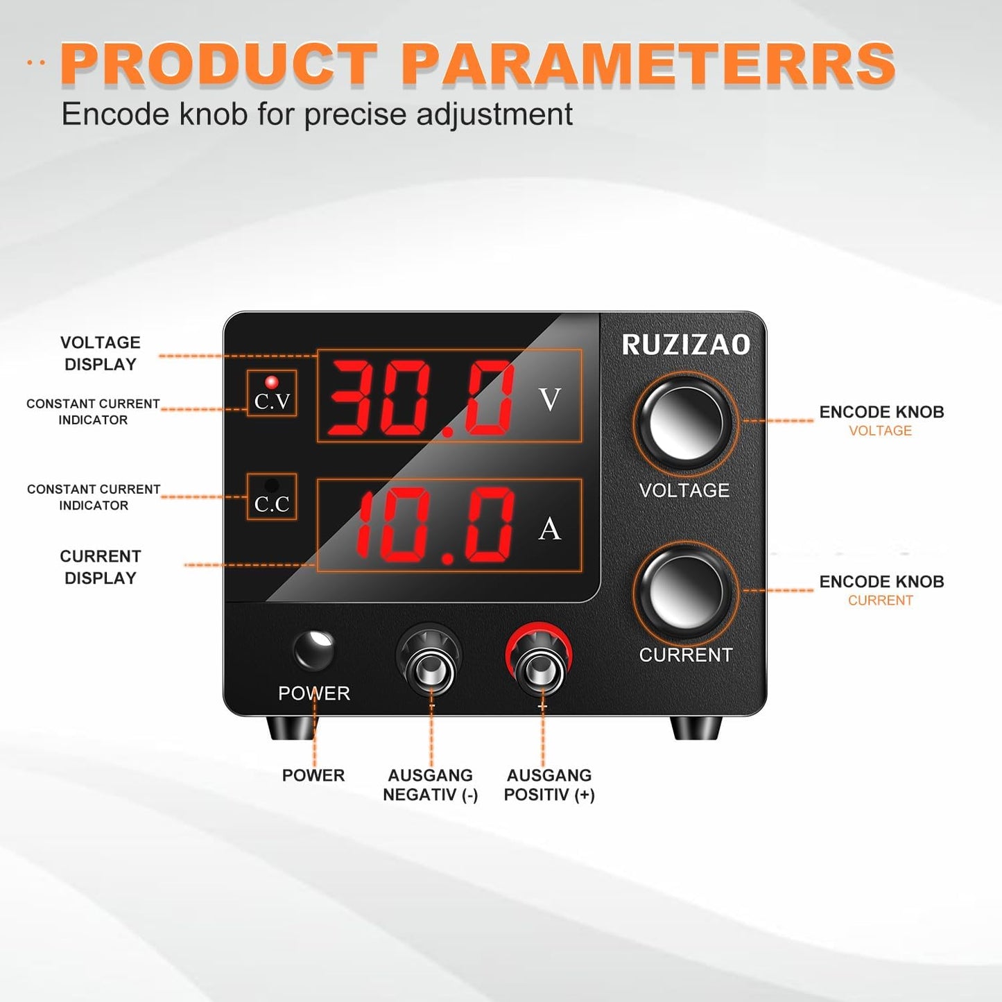 RUZIZAO Laboratory Power Supply 0~30V 0~10A 150W, Adjustable DC Power Supply Bench Power Supply Mini 3-Digit LED Display Encoder Knob Laboratory Power Supply 30V 5A/15V 10A