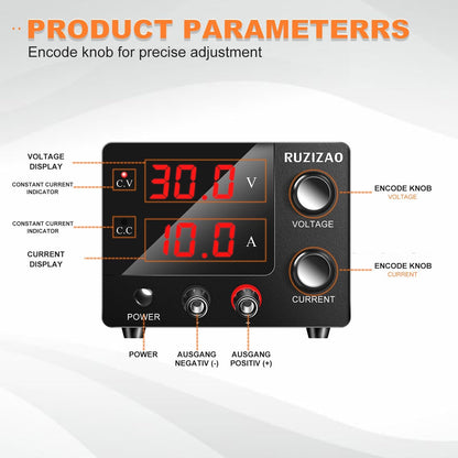 RUZIZAO Laboratory Power Supply 0~30V 0~10A 150W, Adjustable DC Power Supply Bench Power Supply Mini 3-Digit LED Display Encoder Knob Laboratory Power Supply 30V 5A/15V 10A