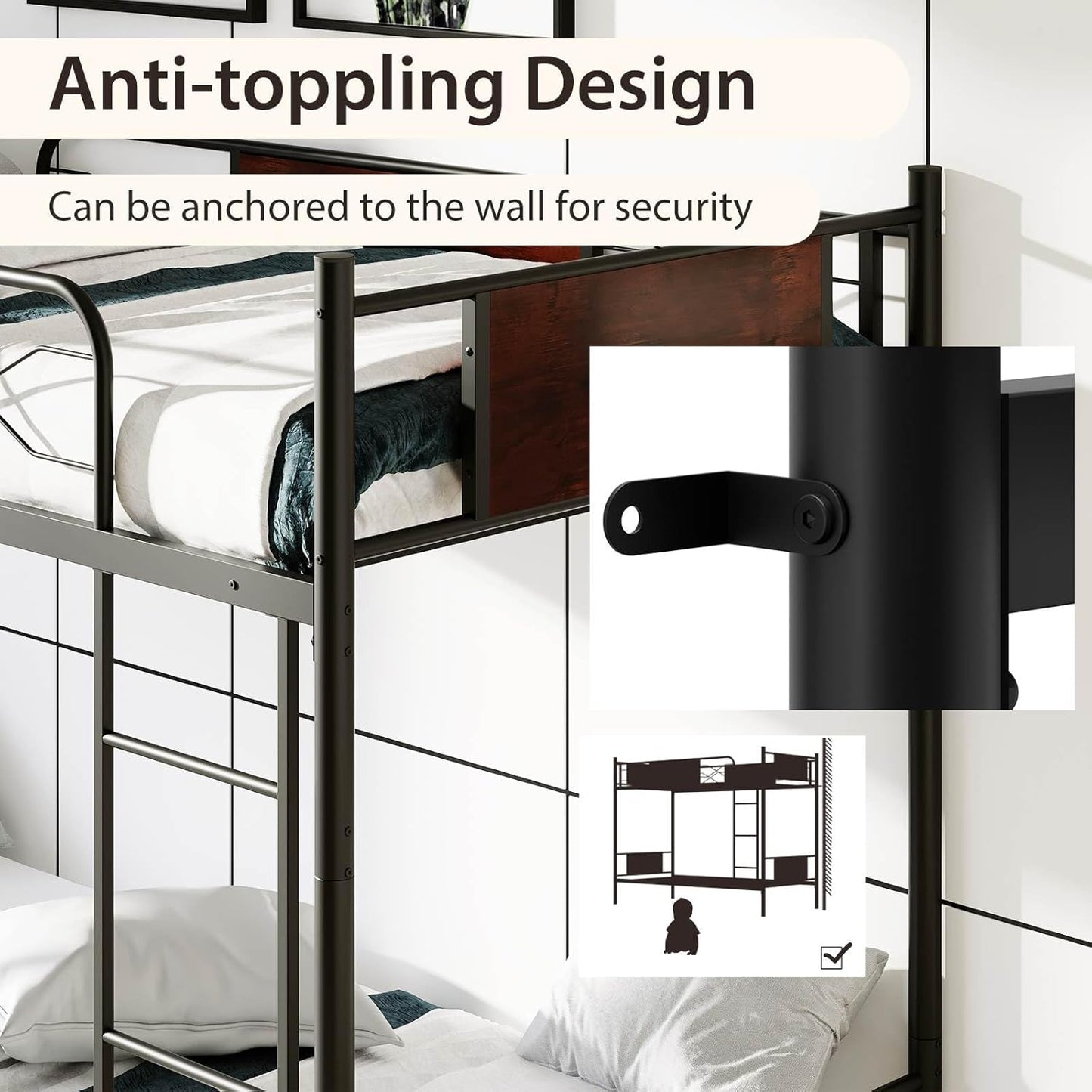 Giantex Metal Bed Frame, 2-in-1 Convertible Bed Single Over Single w/Ladder, Metal Slat Support, 30CM Safety Guardrails, Industrial Bed Frames with Anti-toppling Device, NO Box Spring Needed, Black