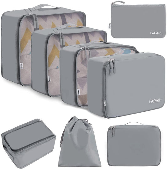 BAGAIL 8 Set Packing Cubes, Lightweight Travel Luggage Organizers with Shoe Bag, Toiletry Bag & Laundry Bag (Pewter Color)