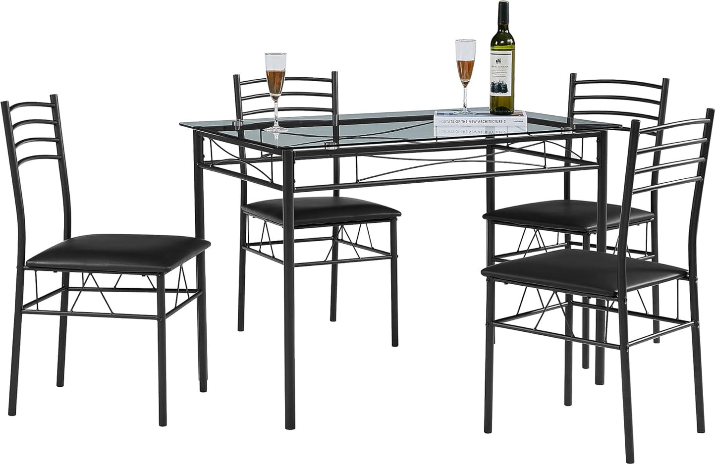 VECELO Kitchen Dining Room Table and Chairs Set for 4, PU Padded Seat & Glasses Tabletop, Space Saving, Matte Black