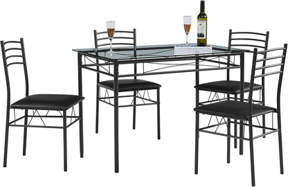 VECELO Kitchen Dining Room Table and Chairs Set for 4, PU Padded Seat & Glasses Tabletop, Space Saving, Matte Black