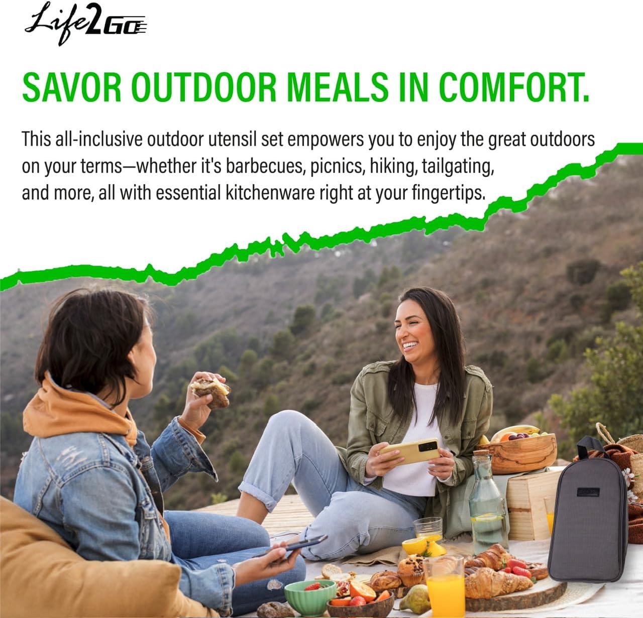 Life 2 Go Camp Cooking Utensil Set & Outdoor Kitchen Gear Cookware Kit, Portable Compact Carry Case for Camping, Hiking, Travel, BBQ Grilling Stainless Steel Accessories Spoon & Fork