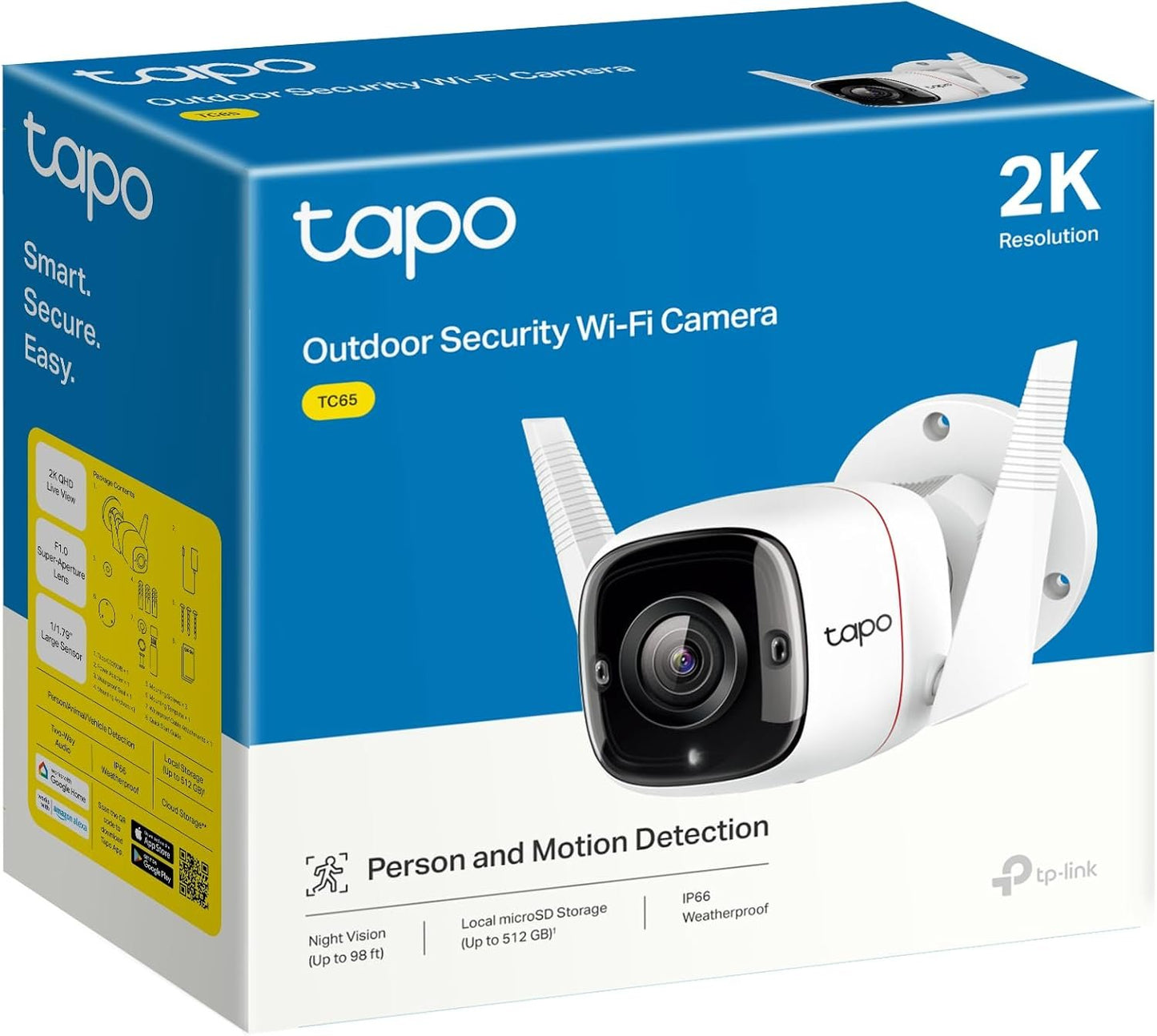 TP-Link Tapo Outdoor Security Wi-Fi Camera, Wired & Wireless, Smart AI Detection & Notifications, 3MP, IP66, Two-Way Audio, Night Vision, Up to 128GB, SD Card Slot, No hub Required (TC65)