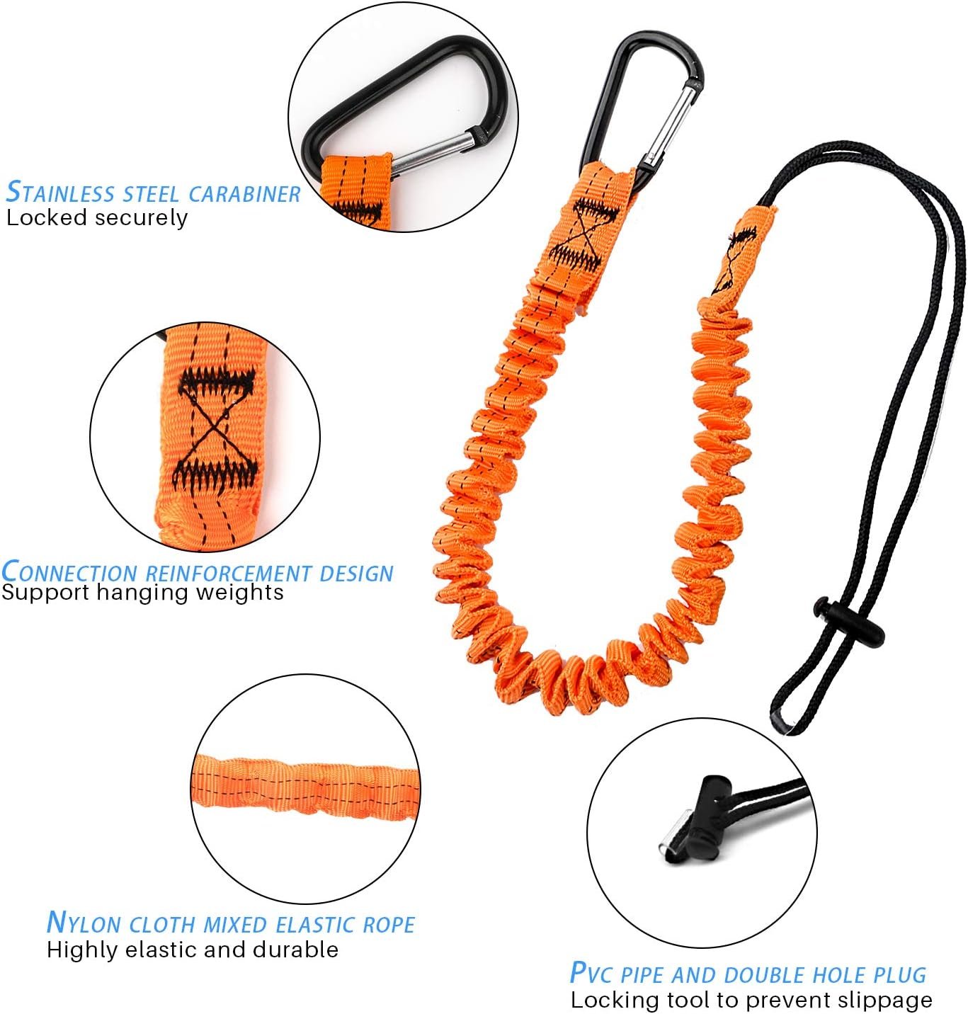 Tool Lanyard, Quick Release Shock Absorbing Safety Lanyard Retractable Bungee Cord with Carabiner Clip and Adjustable Loop End, 15 Ib Working Limit Fall Protection Equipment (3 Pack)