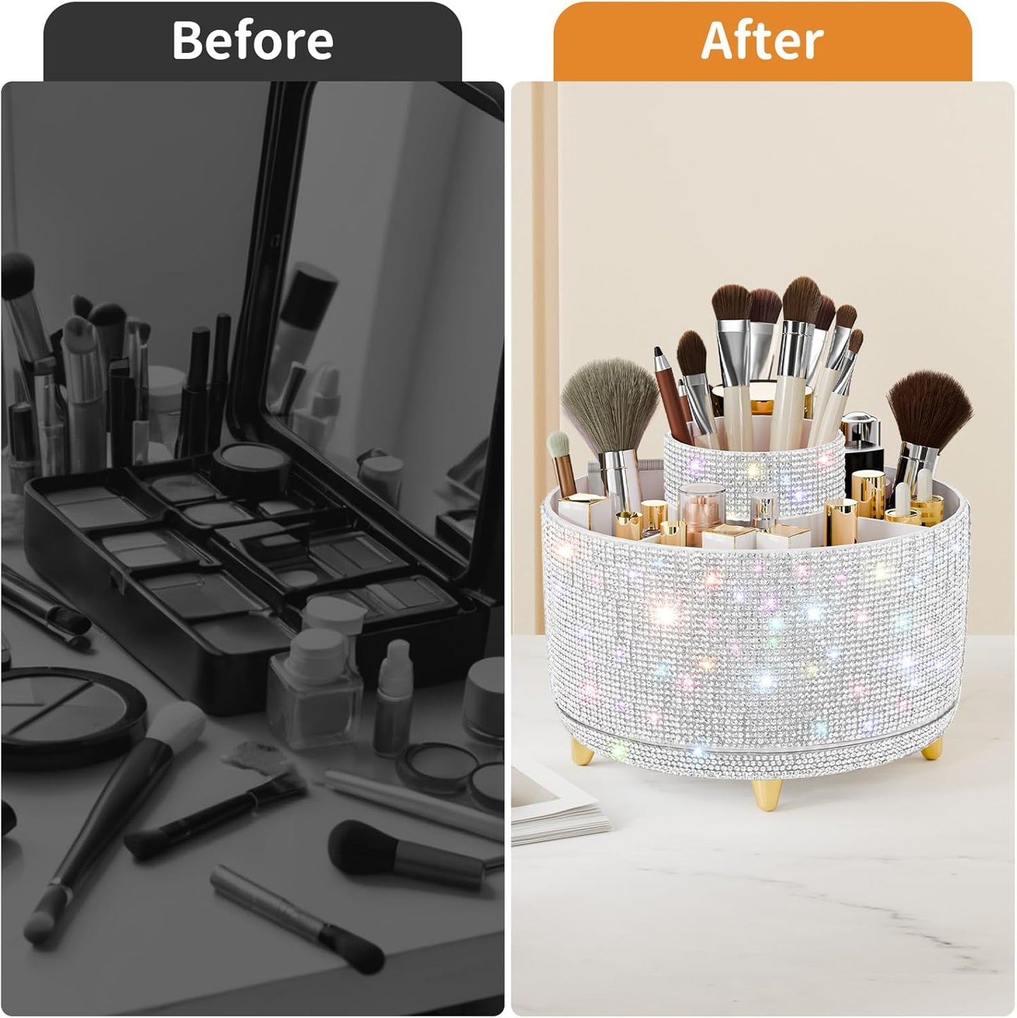 Bling Diamond Makeup Brush Holder, 360° Rotating Makeup Organizer, 5 Slot Make up Brushes Cup for Countertop, Storage for Cosmetics Pen Eyeliner Skincare on the Vanity (Diamond white)