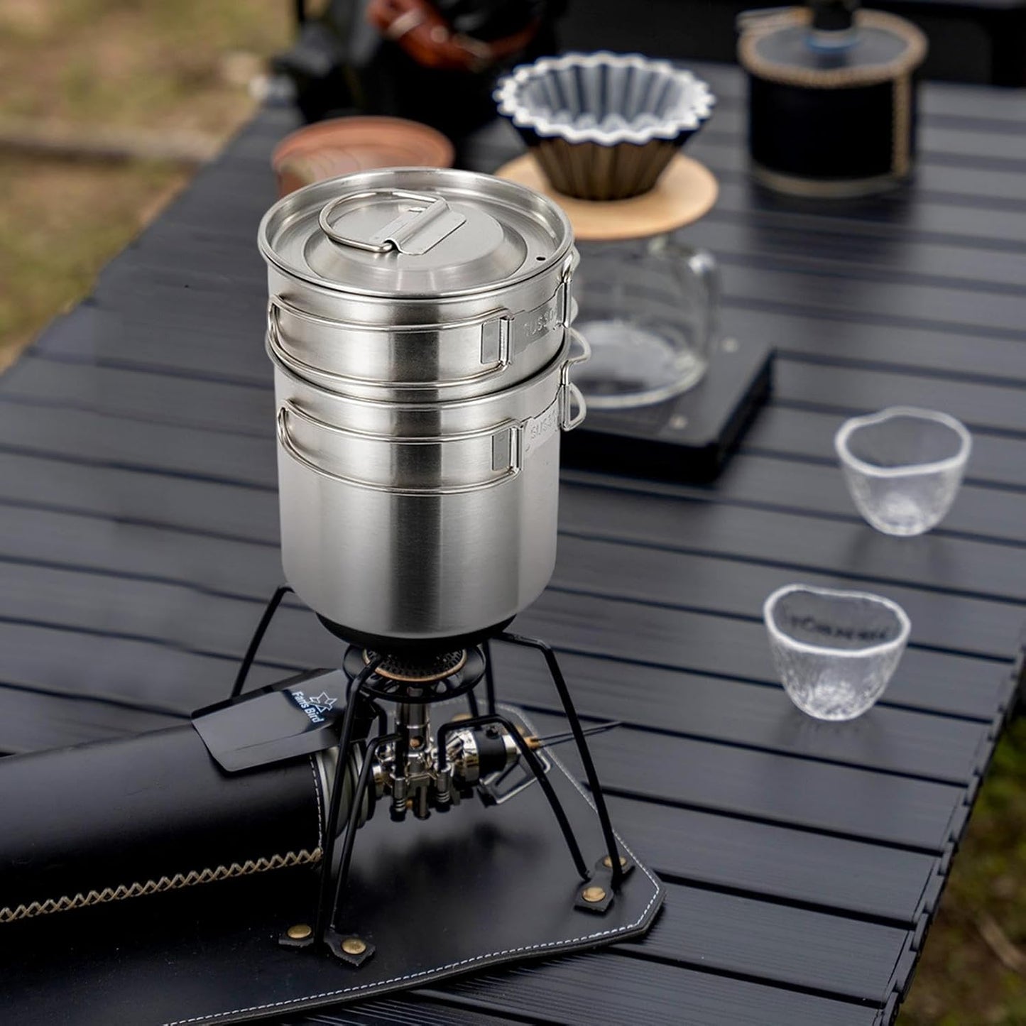 Camping Cook Set, Stainless Steel Cooking Set, Folding Gear, Compact Outdoor Cookware Kit for Hiking, Picnic, Fishing, Backpacking, Travel, Bushcraft, Car, RV, Beach, Home