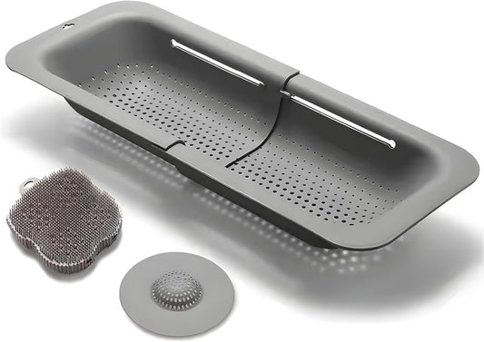 3 in 1 Pack Kitchen Sink Colander Strainer Basket, Home Apartment Kitchen Essentials, Fruit and Vegetable Colander, strainers and colanders, Food Strainer, Extendable Colander Strainer Basket - Grey
