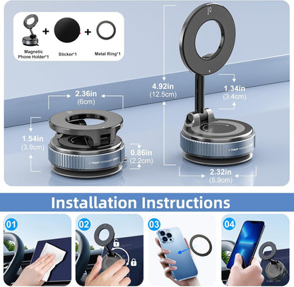 FONKEN Magnetic Phone Holder for Car, 360°Adjustable Vacuum Magnetic Phone Holder Hands-Free Suction Cup Phone Mount Foldable Vacuum Phone Stand for All Phones & Car/Gym/Mirror/Shower/Smooth Surface