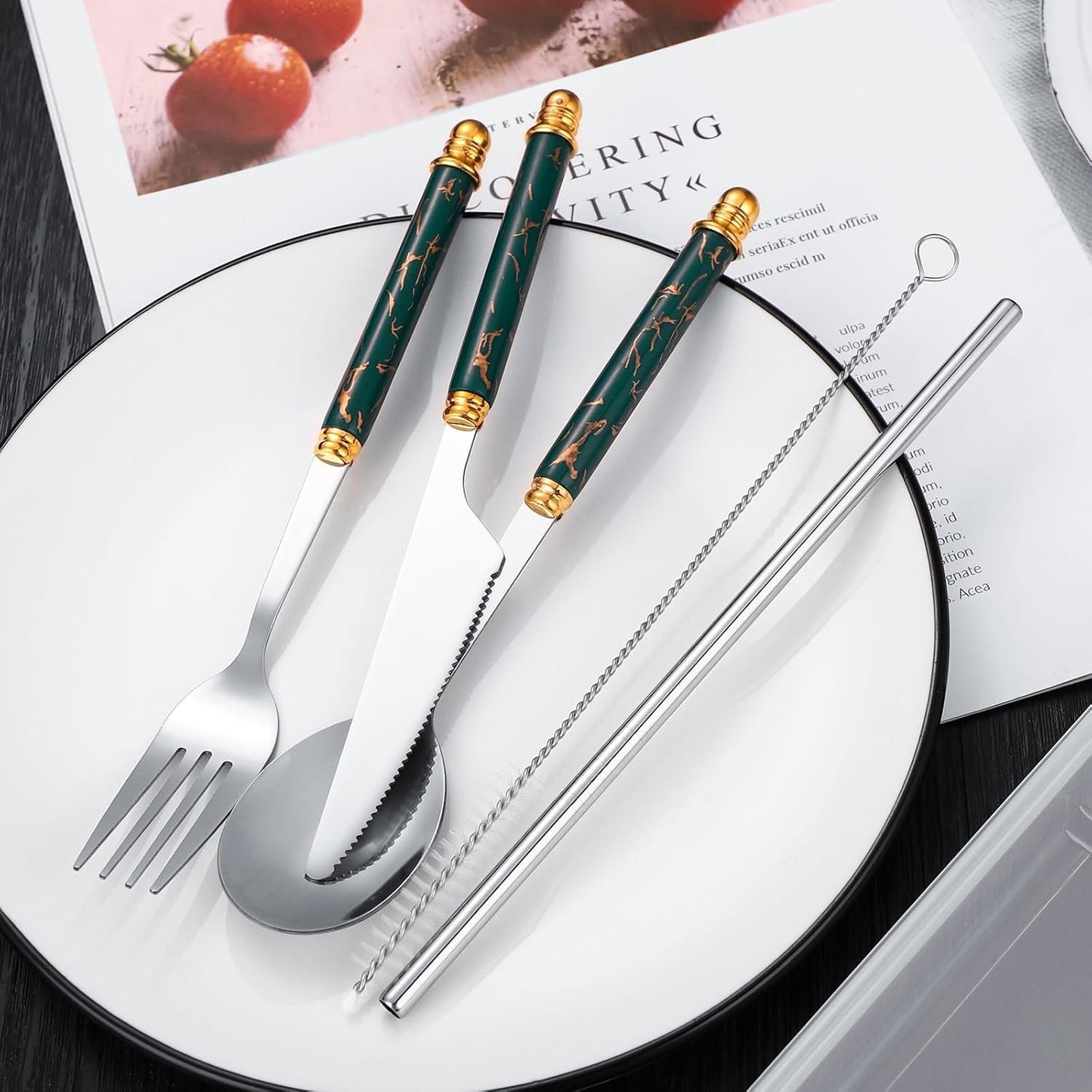 Facune 4 Colors Portable Stainless Steel Flatware Sets, Reusable Travel Cutlery with Case, Utensil Set Include Knife Fork Spoon Straw Brush for Lunch Box