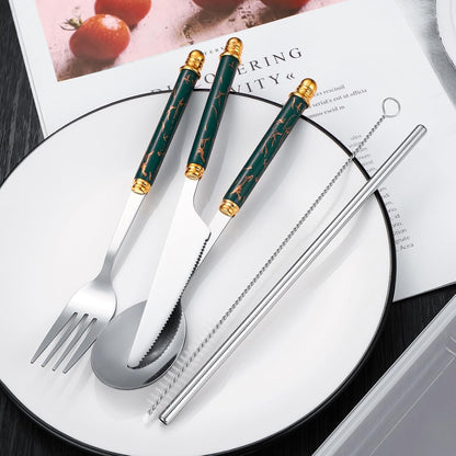 Facune 4 Colors Portable Stainless Steel Flatware Sets, Reusable Travel Cutlery with Case, Utensil Set Include Knife Fork Spoon Straw Brush for Lunch Box