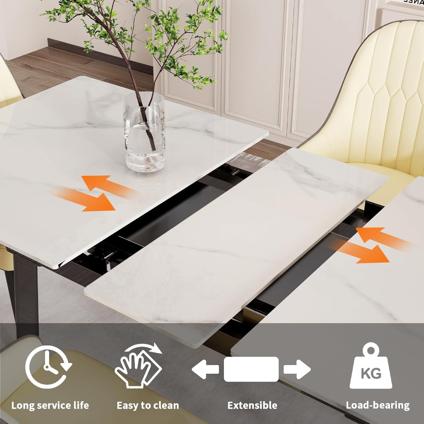 Extendable Dining Table Sintered Stone: Rectangular Kitchen Room Table Stretchable 150cm - 180cm Snow Mountain White Marble Texture Leaves Tables 6-8 Seater with Flat-Sided Oval Steel Legs