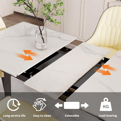 Extendable Dining Table Sintered Stone: Rectangular Kitchen Room Table Stretchable 150cm - 180cm Snow Mountain White Marble Texture Leaves Tables 6-8 Seater with Flat-Sided Oval Steel Legs